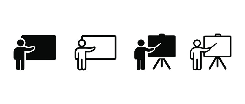 Set of four teacher at whiteboard icons for educational presentations with teacher icon whiteboard presentation education icon classroom instruction person teaching