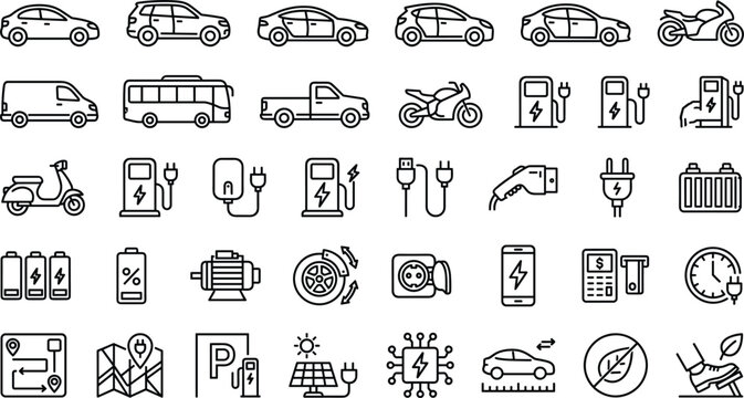 Electric Vehicle and Charging Station Line Art Vector Icon Set with Eco-Friendly Transport Symbols for Navigation Apps and Digital Media Designs