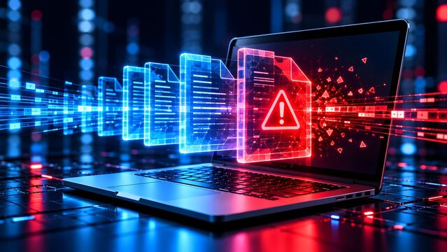 Laptop computer displaying glowing digital documents turning red and shattering showing a corporate data breach or cyber attack