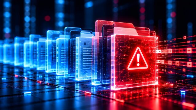 Row of glowing digital folders transitioning from blue to red with a warning sign and shattering data representing a file corruption or document breach