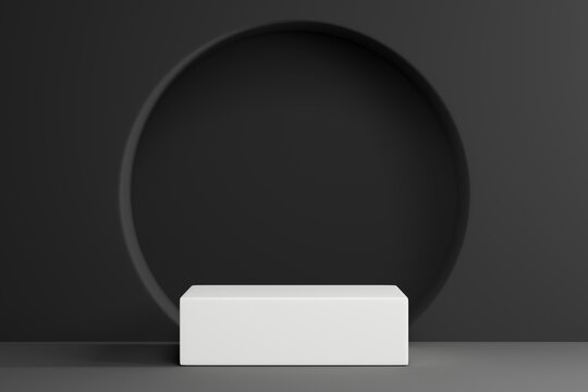 Minimalist black podium background with white rectangular display stage, elegant modern product showcase pedestal