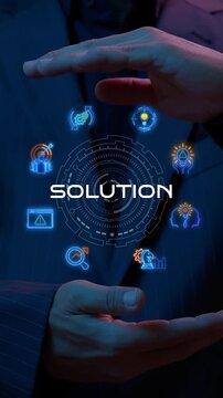 Businessman hands framing glowing solution text hub vertical shot with technical operational icons. Corporate problem solving strategy, effective business troubleshooting, and resolution concept.