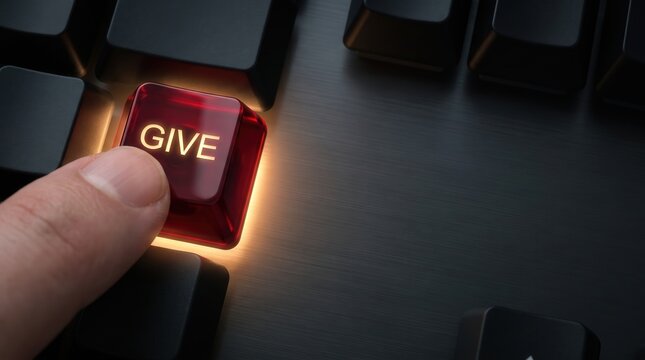Finger clicking a glowing red GIVE key on a black computer keyboard, capturing online donation and digital philanthropy for non-profit marketing and charitable fundraising website design.