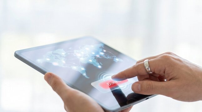 Hands holding tablet computer and pressing red donate button with world map connectivity. Digital philanthropy and humanitarian aid concept for non-profit marketing and online fundraising.