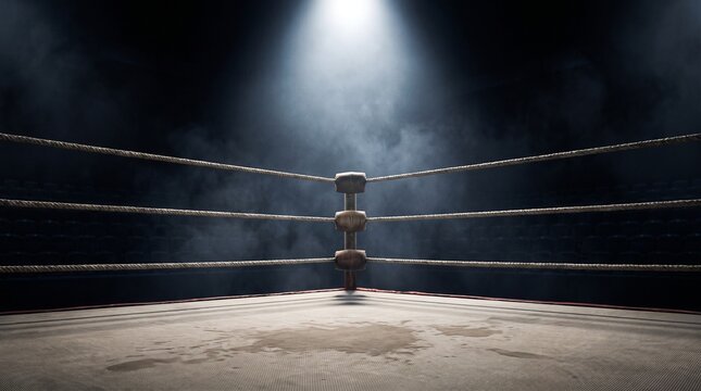 Empty boxing ring ropes, with dramatic spotlight beam and haze, standing vacant in center, in dark sports arena, athletic venue photography