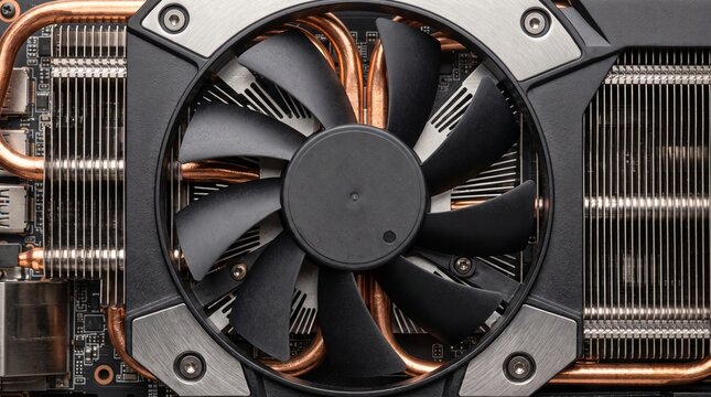 Computer graphics card cooling fan, with black blades copper heat pipes and aluminum fins, mounted on the printed circuit board, in a close up studio view, technology photography