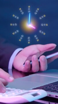 Person hands operating calculator beside smartphone vertical shot with glowing clock face. Corporate schedule time tracking, financial calculation efficiency, and business management idea concept.