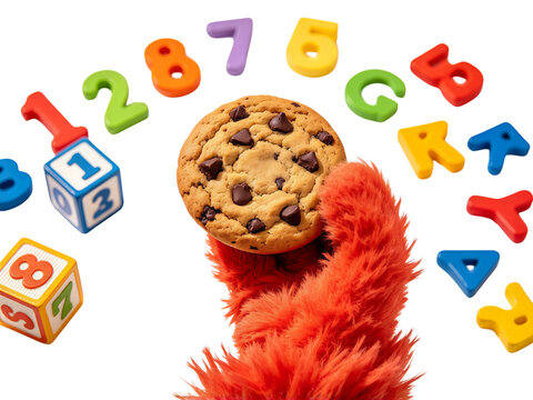 Fluffy red monster hand holding delicious chocolate chip cookie surrounded by colorful toy numbers and alphabet blocks