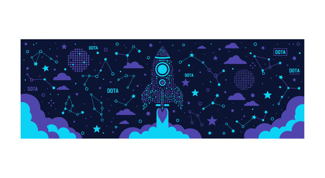 Digital Circuit Board Rocket Launching in Starry Constellation Space