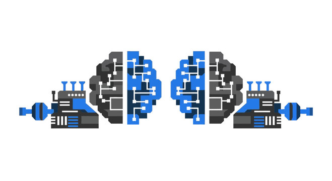 Pixel art AI brains with digital circuit patterns and machinery