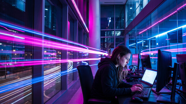 Focused female programmer working on dual monitors inside a neon lit futuristic office building