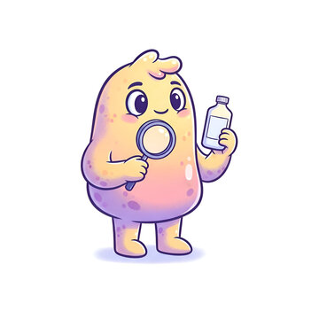 Cute cartoon probiotic character inspecting a bottle with a magnifying glass.