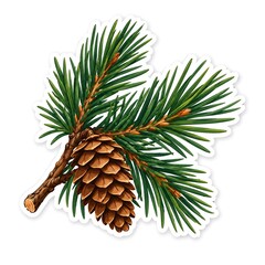 Fototapeta premium Pine Branch with Pine Cone Flat Vector Illustration Die Cut Sticker on White Background