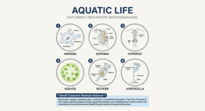 Exploring Freshwater Microorganisms: Amoeba, Daphnia, Copepod, Volvox, Rotifer, and Vorticella