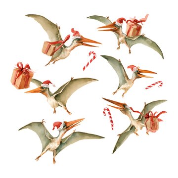Cute watercolor pterodactyls wearing Santa hats and carrying Christmas gifts
