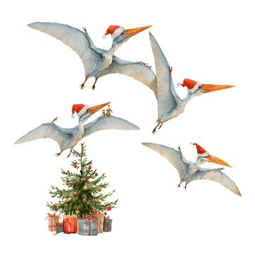 Whimsical watercolor pterodactyls wearing Santa hats flying around a Christmas tree and presents