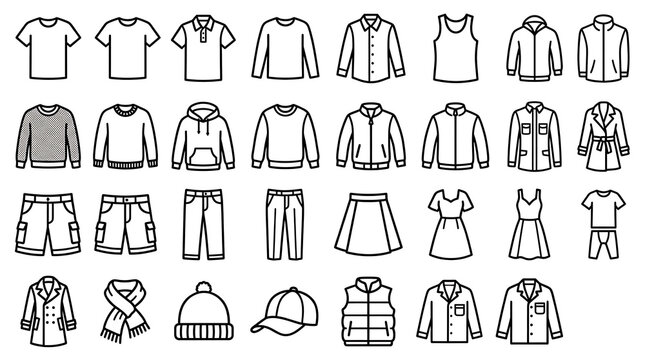 Vector icon pack of apparel and clothing outline isolated on transparent background