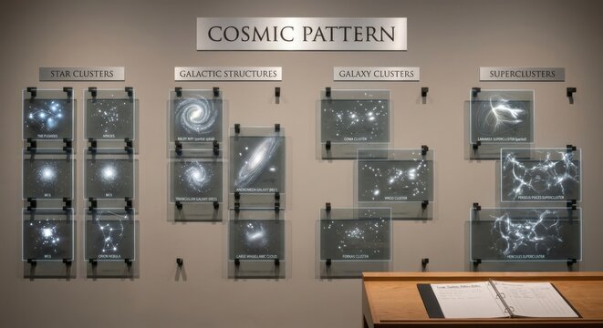 Cosmic Pattern Exhibit on Display Showing Galactic Structures and Galaxy Clusters