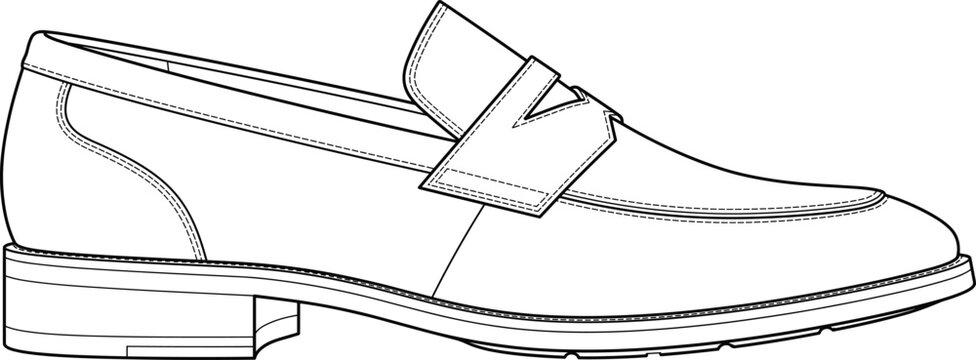 Technical fashion sketch of a men's classic penny loafer dress shoe in black outline
