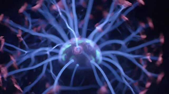 Plasma Ball Electric Arcs Pulsing Inside Glass Sphere Macro Close Up Shot with Vibrant Blue Light in Dark Laboratory