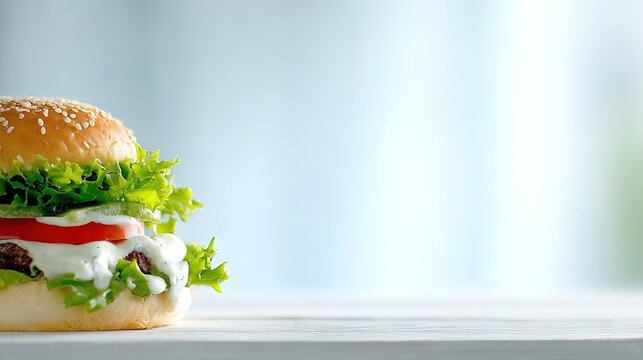Delicious homemade burger with fresh lettuce tomato and white sauce on a table