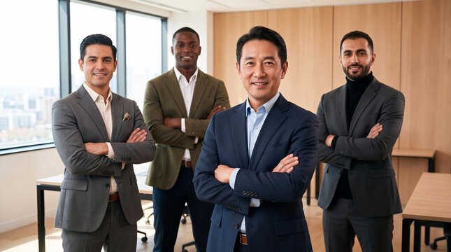 Group of smiling businessmen and corporate executives standing with arms crossed in a bright modern office