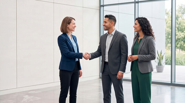 Smiling business professionals shaking hands after a successful meeting in a bright corporate office lobby