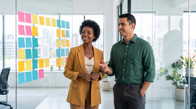Two business people smiling and brainstorming with sticky notes on a glass wall in a corporate office