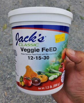 Wilmington, Delaware, U.S.A - Sept 25, 2026 - Jack's Classic Veggie Feed, a water-soluble fertilizer formulated for vegetable growth with balanced nutrients for home gardening.