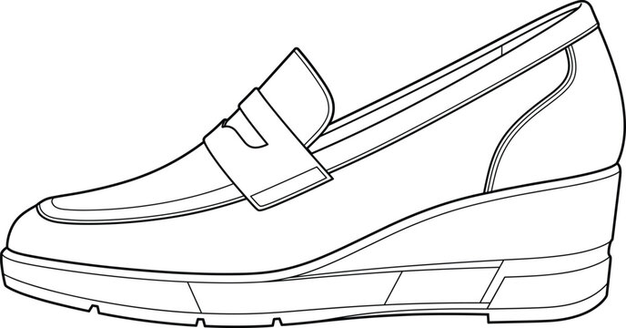 Women's wedge penny loafer fashion flat sketch, black and white technical line drawing footwear illustration