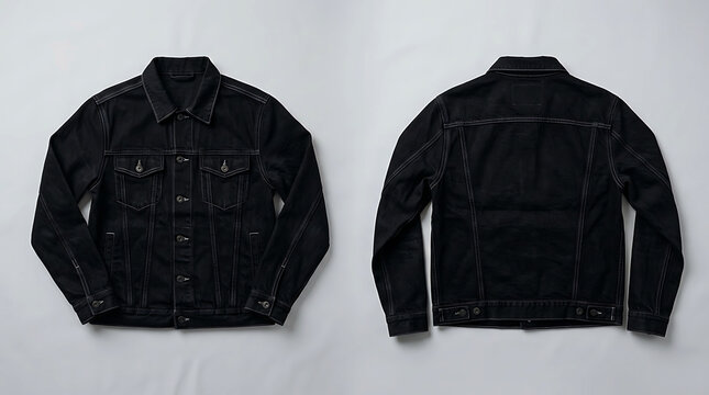 Black denim jacket front and back view isolated on white background mockup