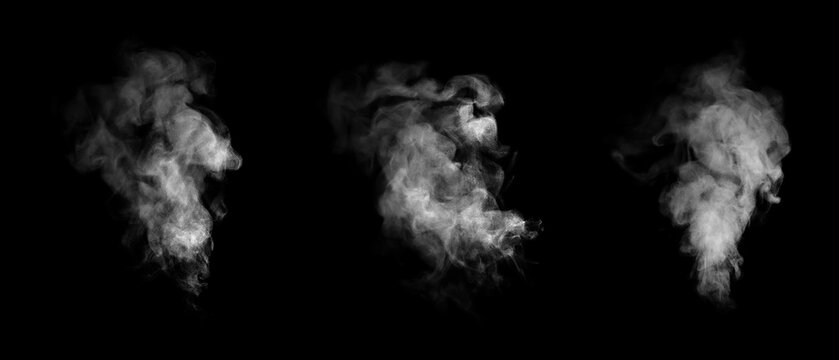 Set of white smoke and dust explosion plumes isolated on black background. Dynamic vapor streams, steam effects, and powder particles for digital composite overlays and graphics.