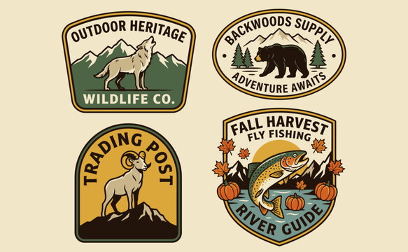 Outdoor Adventure Emblem Collection with Wildlife and Mountains