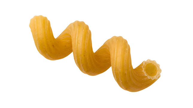 Single piece of uncooked cavatappi pasta isolated on white background
