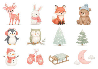 Fototapeta premium PNG watercolor winter woodland animals and sled, transparent background.