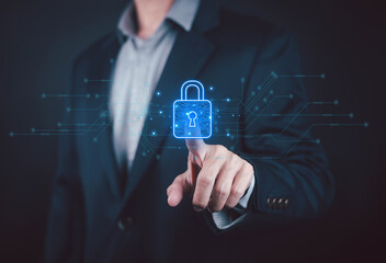 Business professional using a glowing digital lock interface, representing cybersecurity, data protection, online privacy, network security, information technology, secure access, and digital business © wanchai peatoo