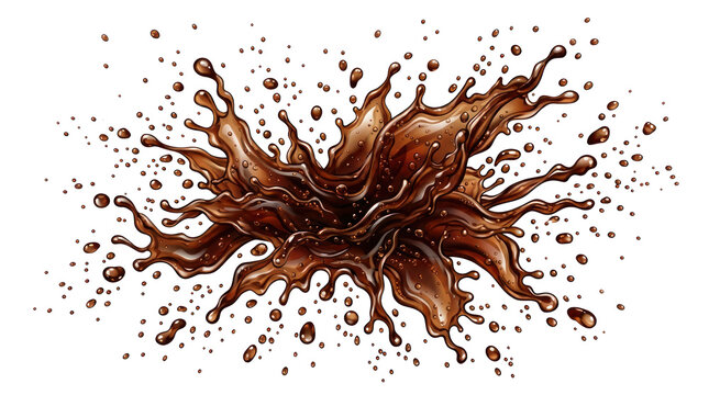 Dynamic brown soda splash with realistic bubbles and liquid droplets, refreshing fizzy drink explosion isolated on white background for food and beverage advertisement design.