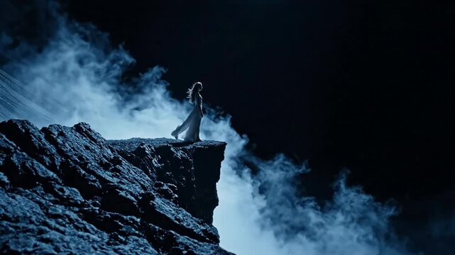 Elegant Woman in Flowing Dress Standing on the Edge of a Rocky Cliff Wide Shot in Dark Smoky Night Atmosphere