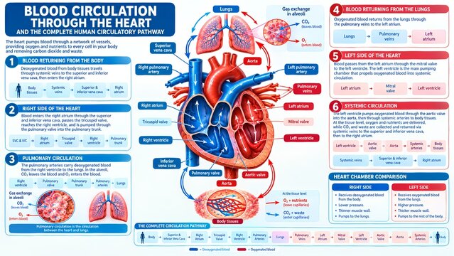 Clean medical infographic showing human heart anatomy and complete blood circulation pathways with blue and red flow coding, labeled vessels, lungs, and educational diagrams.