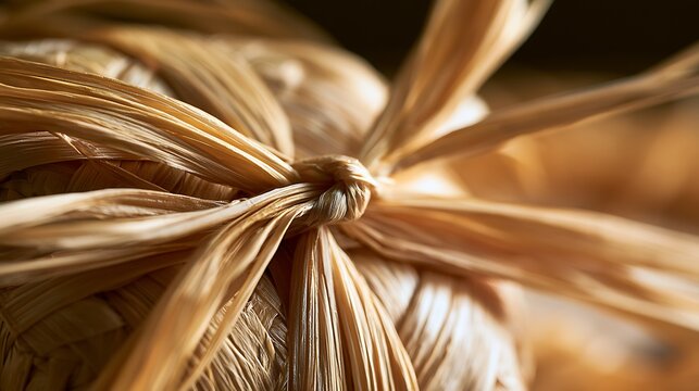 Close up view of a rustic package tied with natural raffia fiber.