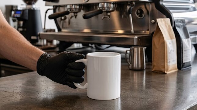 Specialty Coffee Roastery Concept Featuring Blank White Coffee Mug and Blurred Espresso Machine Background for Mock up, 3D Model, Rendering & Presentation.