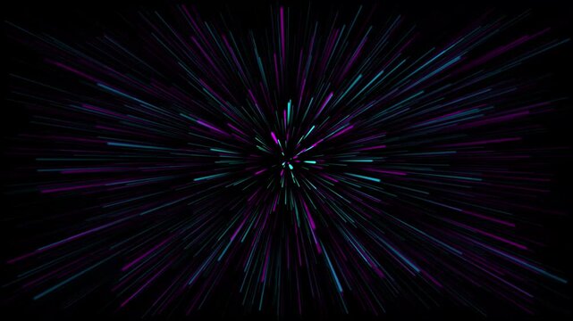 hyperspace warp drive animation fast speed of light cosmic tunnel with glowing neon purple and blue light streaks motion background for sci-fi and futuristic video projects.