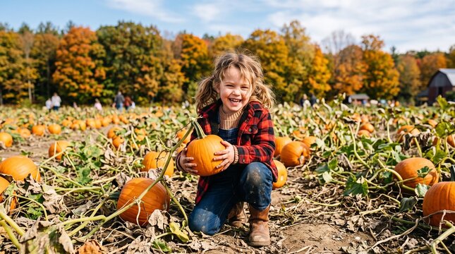 Happy girl holding pumpkin in a patch during autumn