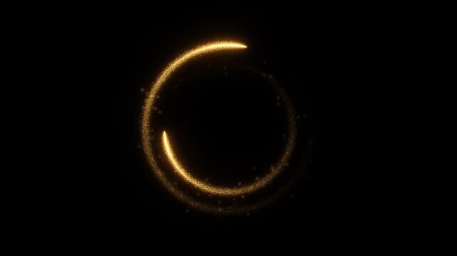 Golden glitter comet rings orbiting on black background, glowing particle trails circling, seamless loop magic portal overlay