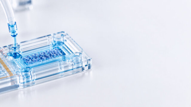 Macro View of an Organoid Culture Chip with Blue Liquid and Cellular Aggregates: Precision Lab on  a Chip for Biomedical Research with Copy Space at 11K.
