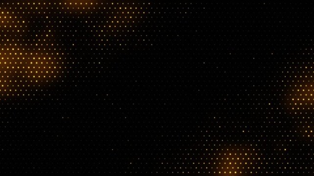 Golden hexagonal LED dot grid background with glowing orange light patches moving across black, seamless loop digital backdrop