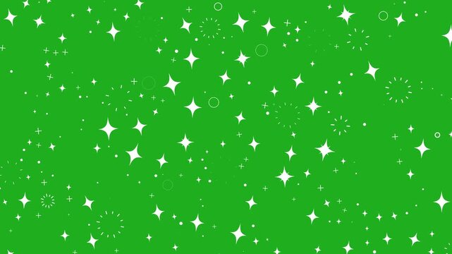 White sparkles twinkling on green screen, four point stars, dots and small bursts flashing, seamless loop chroma key overlay