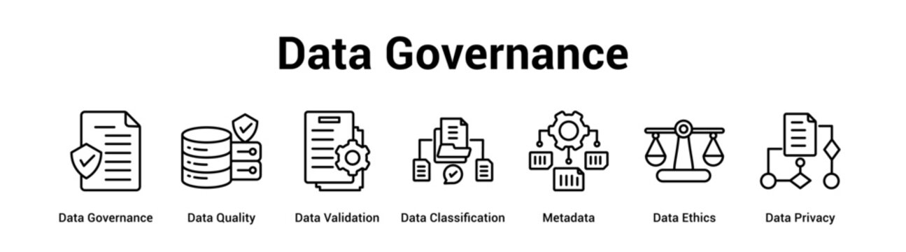Data Governance web banner icon vector illustration concept for technology with icon of Data Governance, Data Quality, Data Validation, Data Classification, Metadata, Data Ethics.