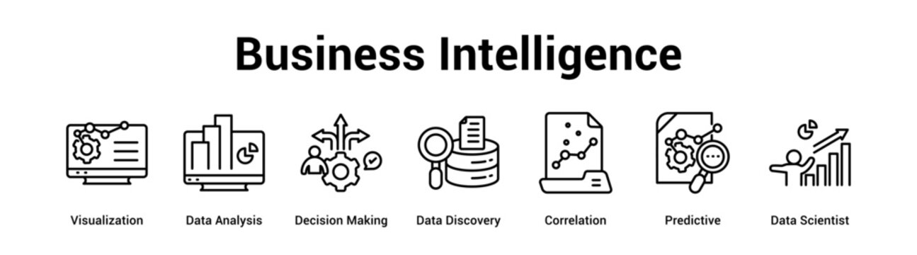 Business Intelligence web banner icon vector illustration concept for technology with icon of Visualization, Data Analysis, Decision Making, Data Discovery, Correlation, Predictive.