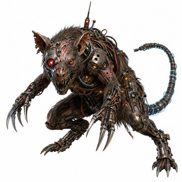 Creepy cyber rat or mutated mechanical rodent with cybernetic implants and red eye isolated on white background